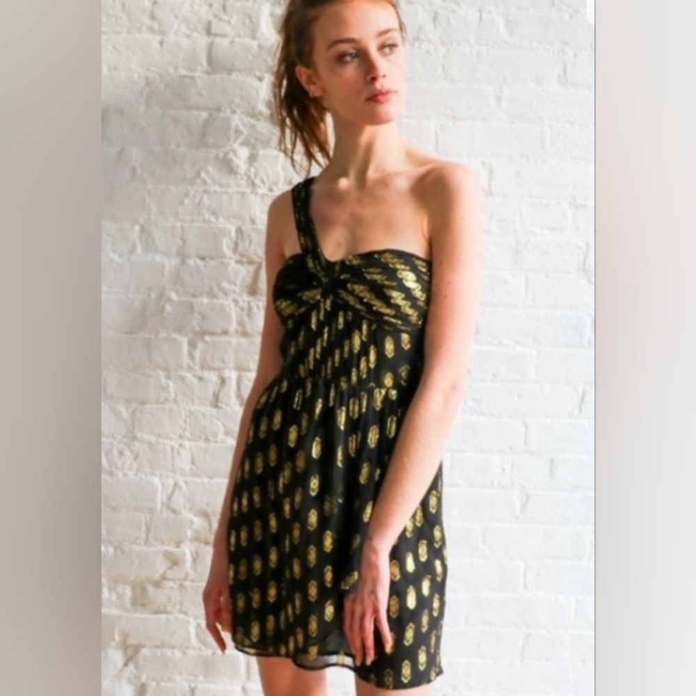 Twelfth Street By Cynthia Vincent Silk One Shoulder Black & Gold Dress New Years